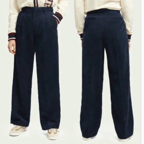 Scotch & Soda Dark Blue Corduroy Pleated Straight Leg Trouser Pant Large - Picture 1 of 14